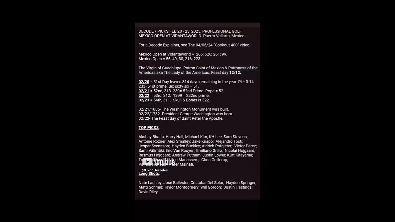 DECODE / PICKS PGA MEXICO OPEN. Expand Screen. Pause Screen to Read or See Description.