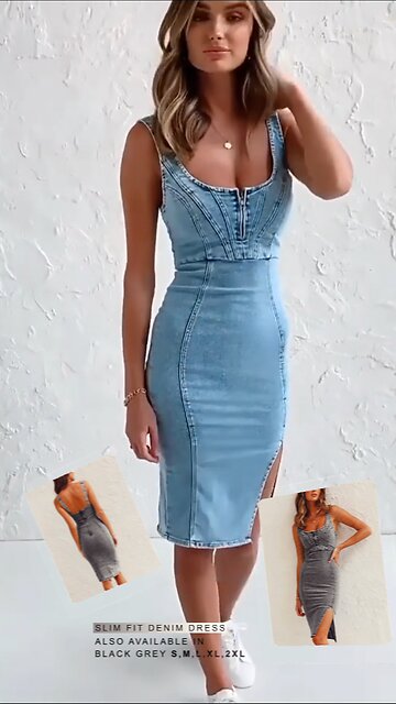 U-Neck Suspender Slim Fit Denim Dresses With Slit Design🩵