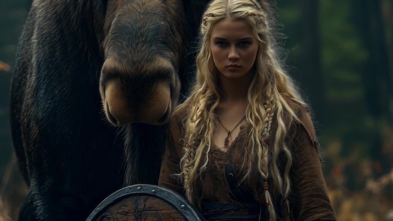 A moose and a warrior walking side by side, high quality image