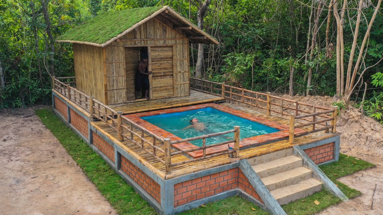 Full Video Building A Private Bamboo Swimming Pool With Decor Living Room
