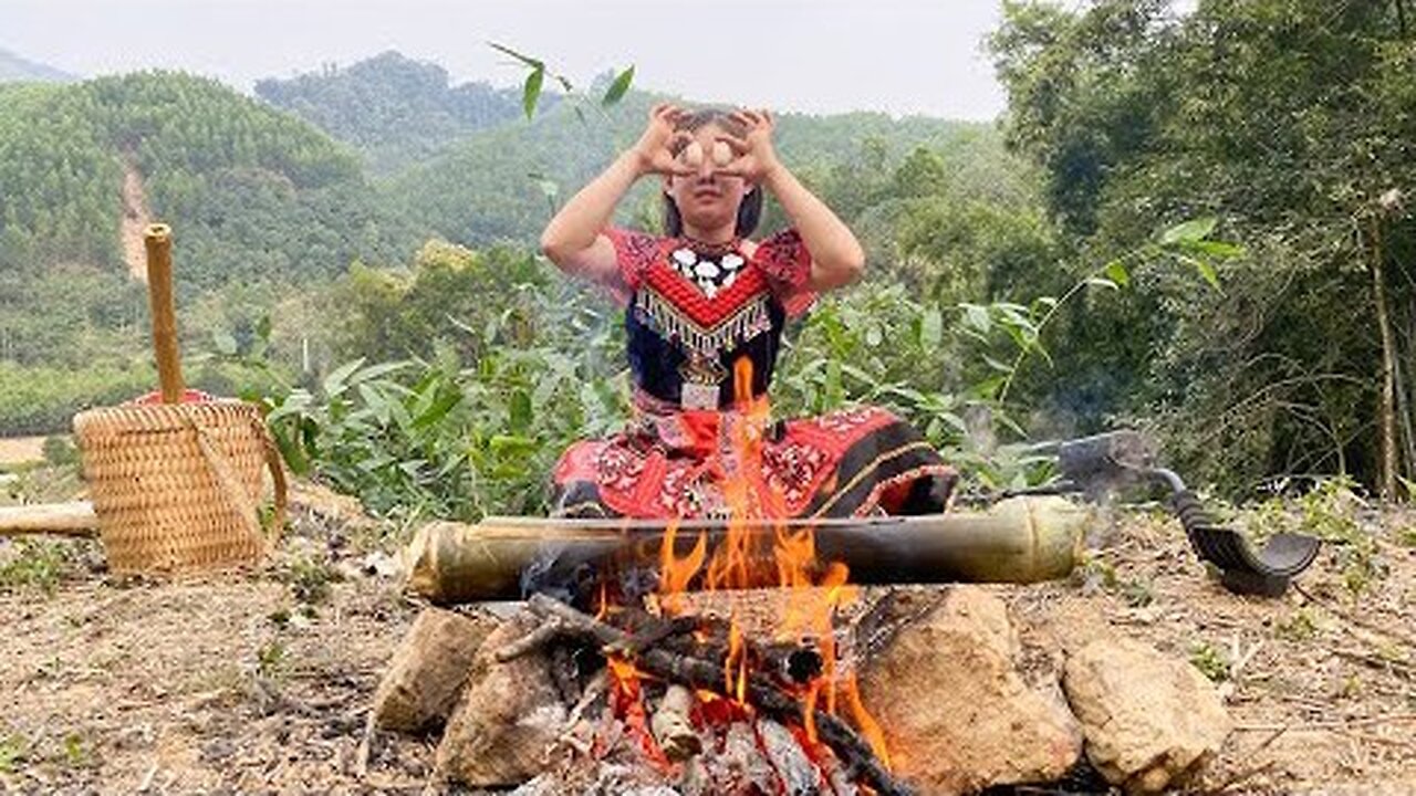 17-year-old ethnic girl survival in forest discovers a nest of wild chicken eggs while hunt treasure