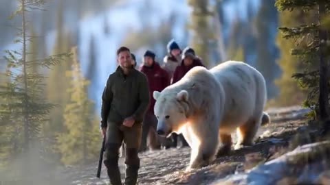 Hunters and bears support each other against ferocious wolves