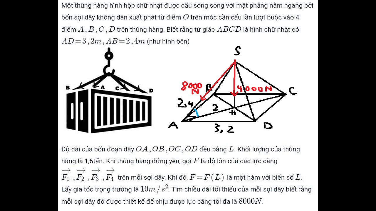 Một thùng hàng hình hộp chữ nhật được cẩu song song với mặt phẳng nằm ngang bởi bốn sợi