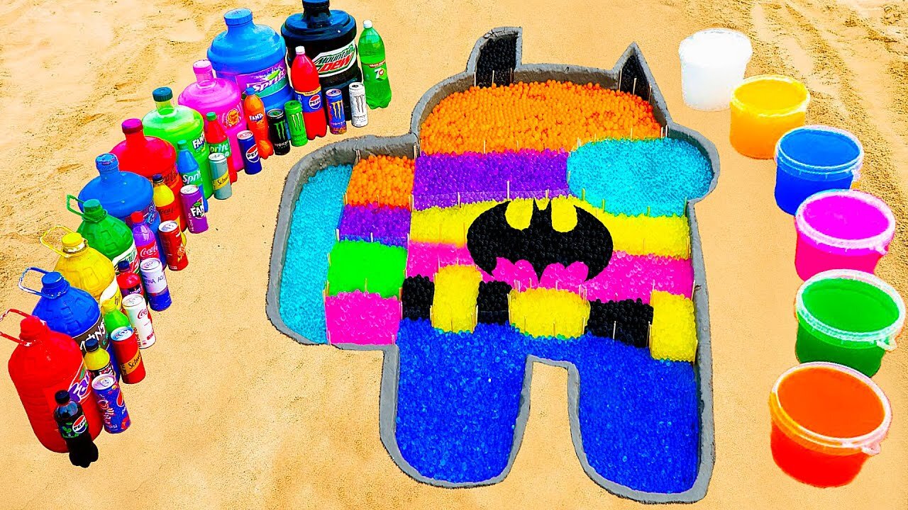 How to make Rainbow Among Us Batman with Orbeez, Big Schweppes, Monster, Fanta, Coca Cola and Mentos