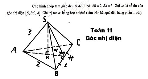 Toán 11: Cho hình chóp tam giác đều S.ABC có AB = 2, SA=3. Gọi a là số đo củagóc nhị diện [S,BC,A]