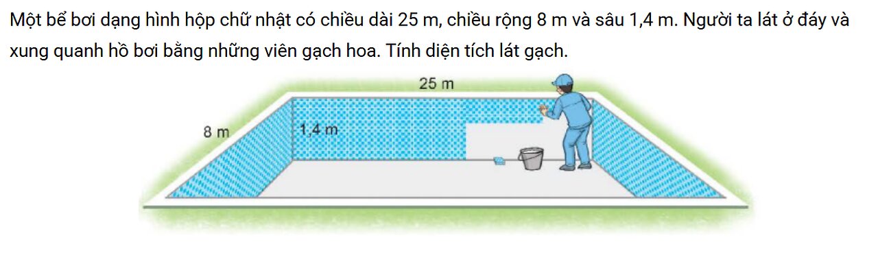 Một bể bơi dạng hình hộp chữ nhật có chiều dài 25 m, chiều rộng 8 m và sâu 1,4 m. Người ta lát ở đáy