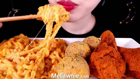 ASMR CHEESY CARBO FIRE NOODLE, FRIED CHICKEN, CHEESE BALL EATING SOUNDS MUKBANG | ASMR