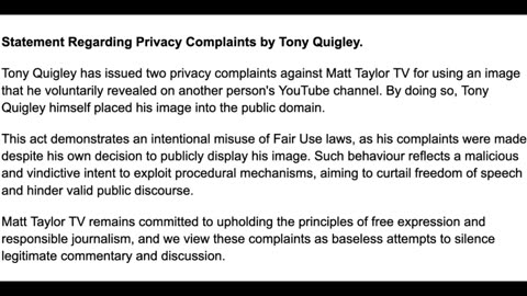 Statement Regarding Privacy Complaints by Tony Quigley.