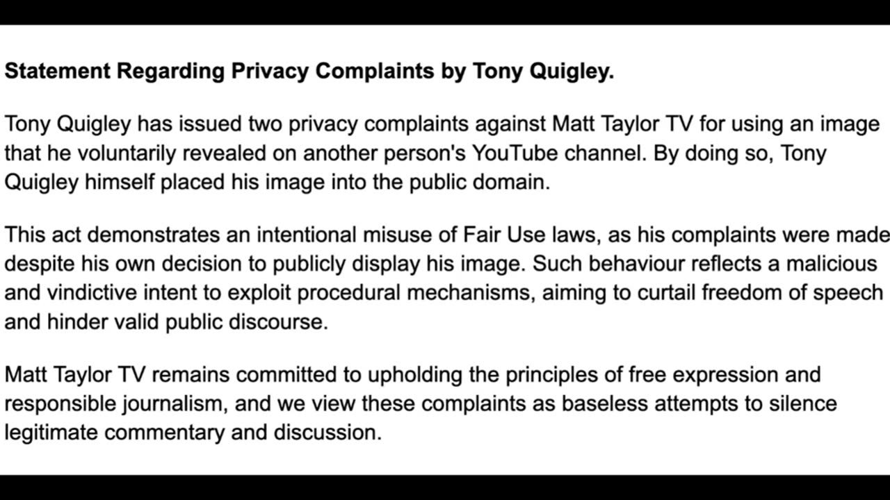 Statement Regarding Privacy Complaints by Tony Quigley.