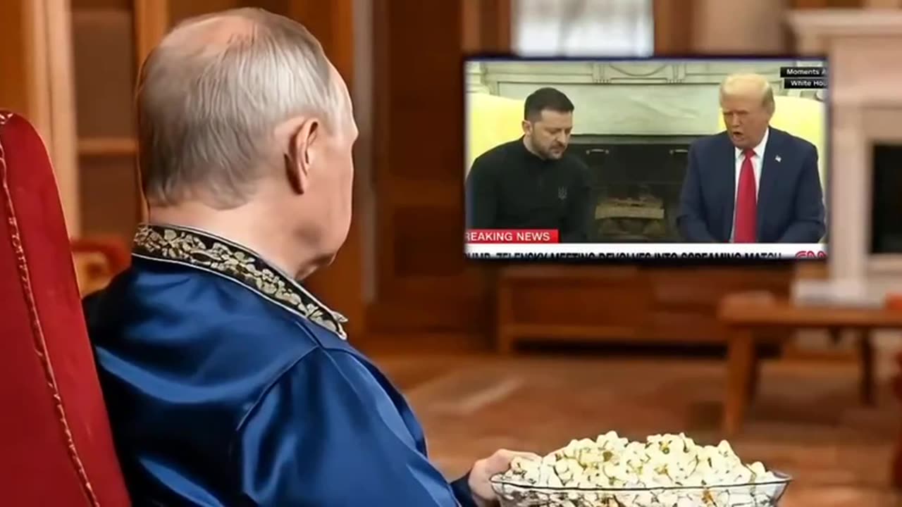 Putin Watching Trump Roasting Zelensky in the White House (AI. joke)