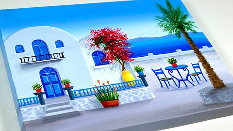 acrylic painting _ Blue Door _ seascape painting _ Santorini greece painting