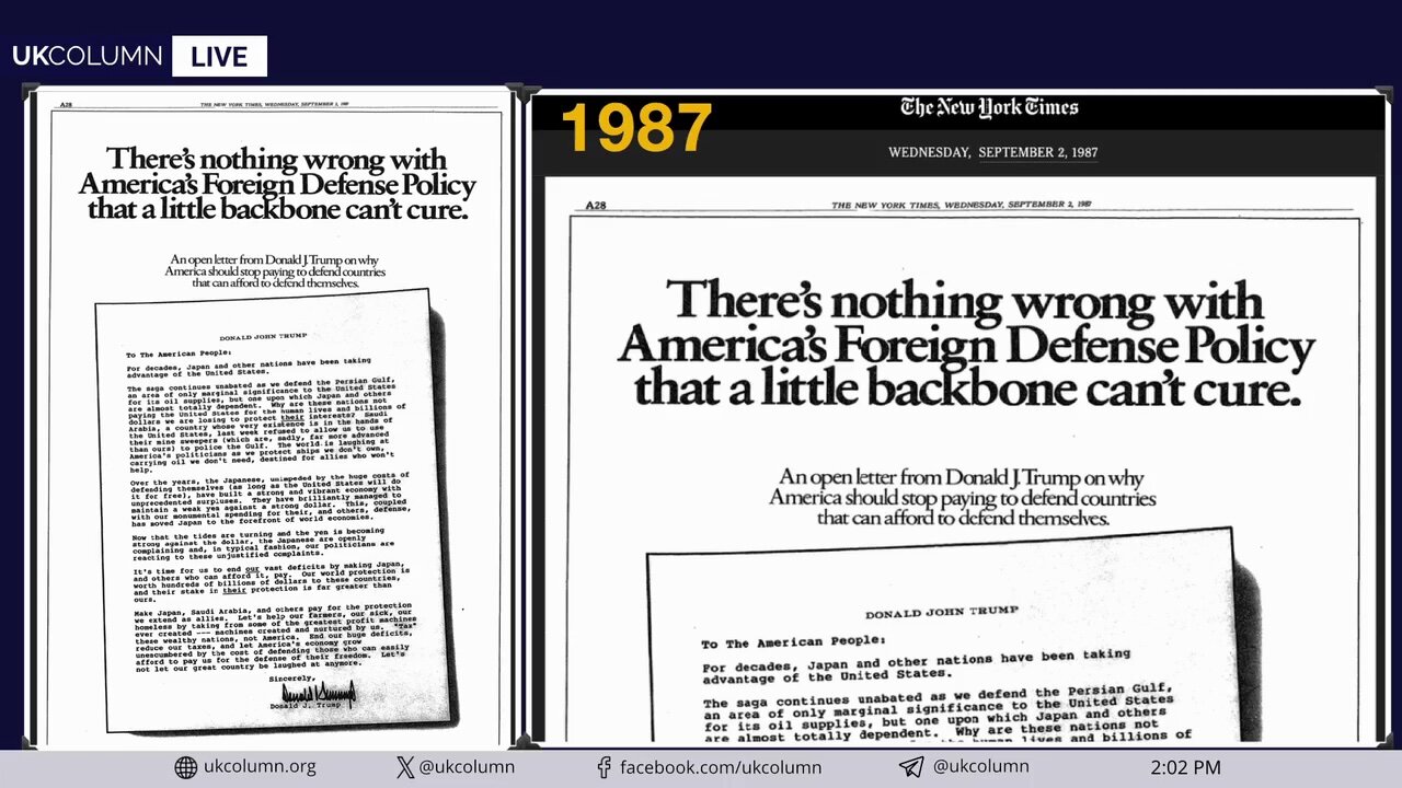 Trump's Foreign Policy Open Letter From 1987: Protection Racketeering? - UK Column News