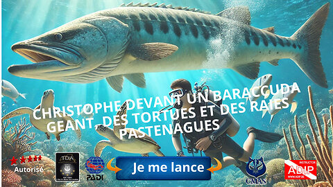 Christophe devant un barracuda géant, des tortues et des raies pastenagues