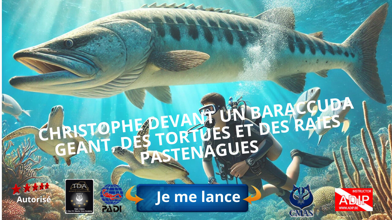 Christophe devant un barracuda géant, des tortues et des raies pastenagues