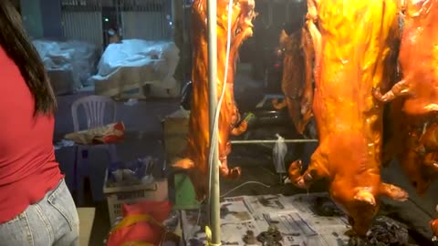 Roasted Pigs Selling On New Year's Eve - Roasted Pigs, Market Food,