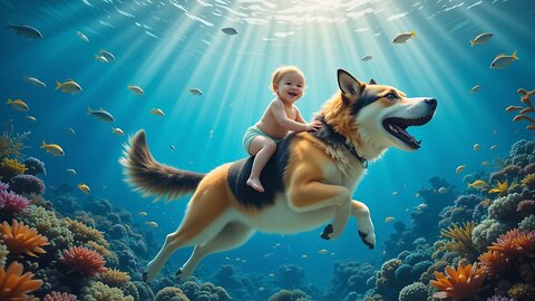 Underwater Adventure: Baby Rides a Playful Dog! 🐶🌊✨