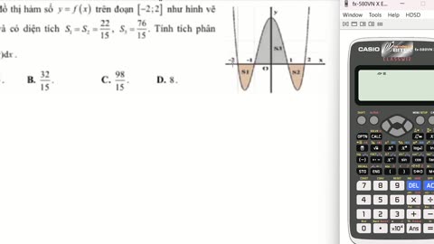 Toán 12: Cho đồ thị hàm số y=f(x) trên đoạn [-2;2] như hình vẽ bên và có diện tích S1=S2=22/15