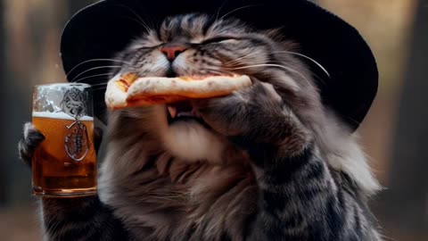 Cat eating pizza. Very smooth and stable shooting. No camera movement.