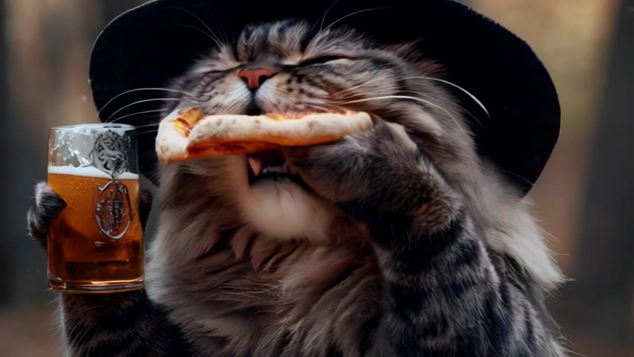 Cat eating pizza. Very smooth and stable shooting. No camera movement.