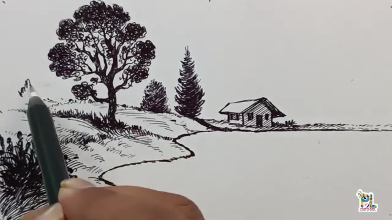 How to draw River bank Panorama Scenery Art with Pen Art