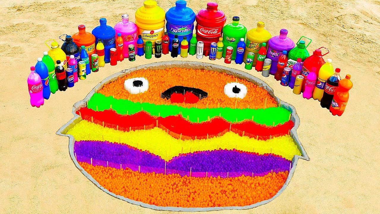 How to make Rainbow Hamburger with Orbeez, Giant Pepsi, Monster, Coca Cola vs Mentos & Popular Sodas