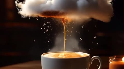 Coffee raindrops into cup from cloud.