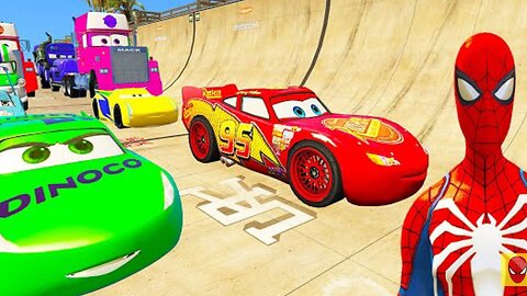 SPIDERMAN McQueen Vs Disney CARS DownHill RAMP Challenge! SUPERHEROES HULK MACK Truck