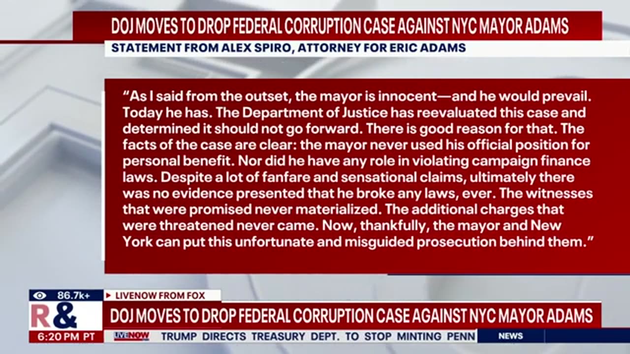 DOJ moves to drop federal corruption case against NYC Mayor Adams