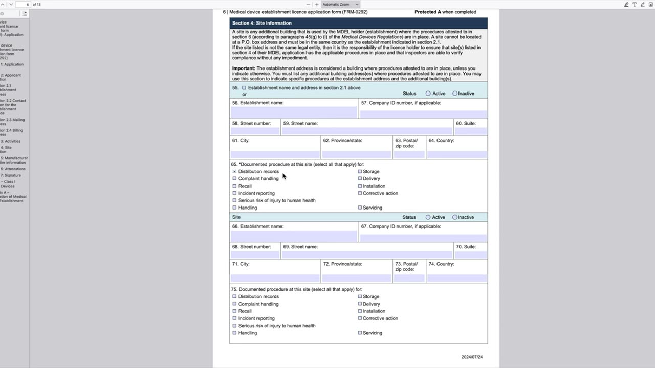 Regulatory Affairs - Health Canada Form-0292-Medical Devices Establishment Licensing (MDEL) Application. P.Pirouzi, Ph.D.