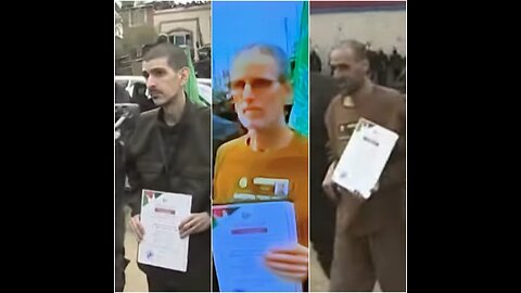 The three hostages on stage in Deir el-Balah.