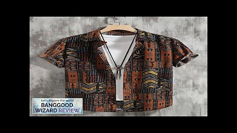 Mens Geometric Ethnic Print Lapel Short Sleeve Shirts Brown M Review