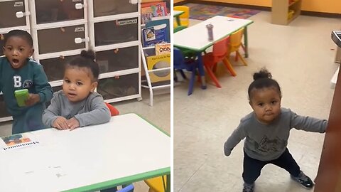 Toddler hilariously slams door at mom at daycare