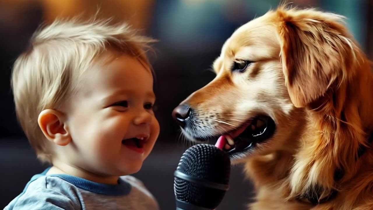 Cute Baby with the golden-haired dog