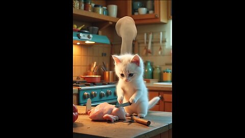 Cat Slices Chicken: Feline Chef in Action! 🐱🍗