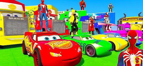 SPIDERMAN McQueen Vs MACK TRUCK on MEGA SEE SAW RAMP Challenge ! SUPERHERO HULK Disney Cars