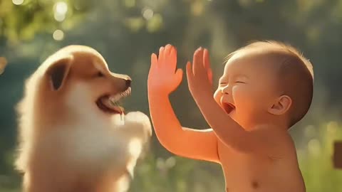 "Adorable child and puppy with joyful laughter"