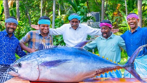 200 pounds big tuna fish / tuna fish cutting and cooking in village