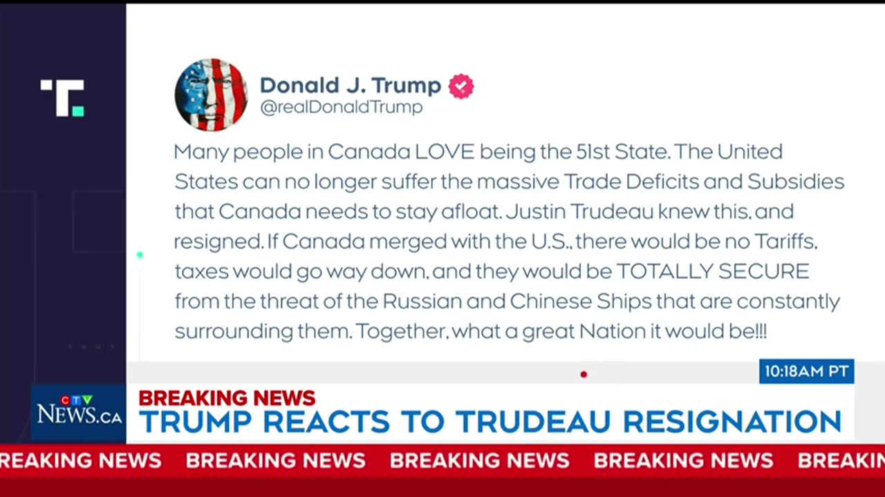 U.S. president-elect Donald Trump released a statement on Justin Trudeau's resignation,
