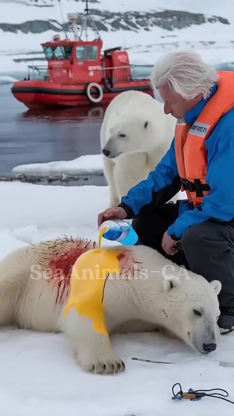 The mother polar bear pleaded with the fisherman to save her injured cub from barnacles.