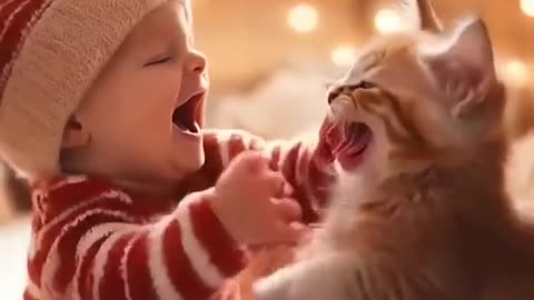 Baby & Cat Both Are Laughing Together #viralshorts#cat#baby