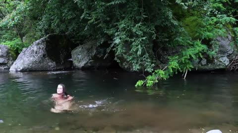 Relaxing by the waterfall and preparing a delicious lunch in the middle of nature