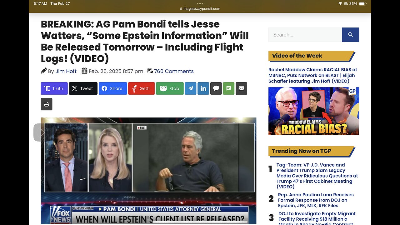 AG Pam Bondi tells Jesse Watters, “Some Epstein Information” Will Be Released Tomorrow (today)