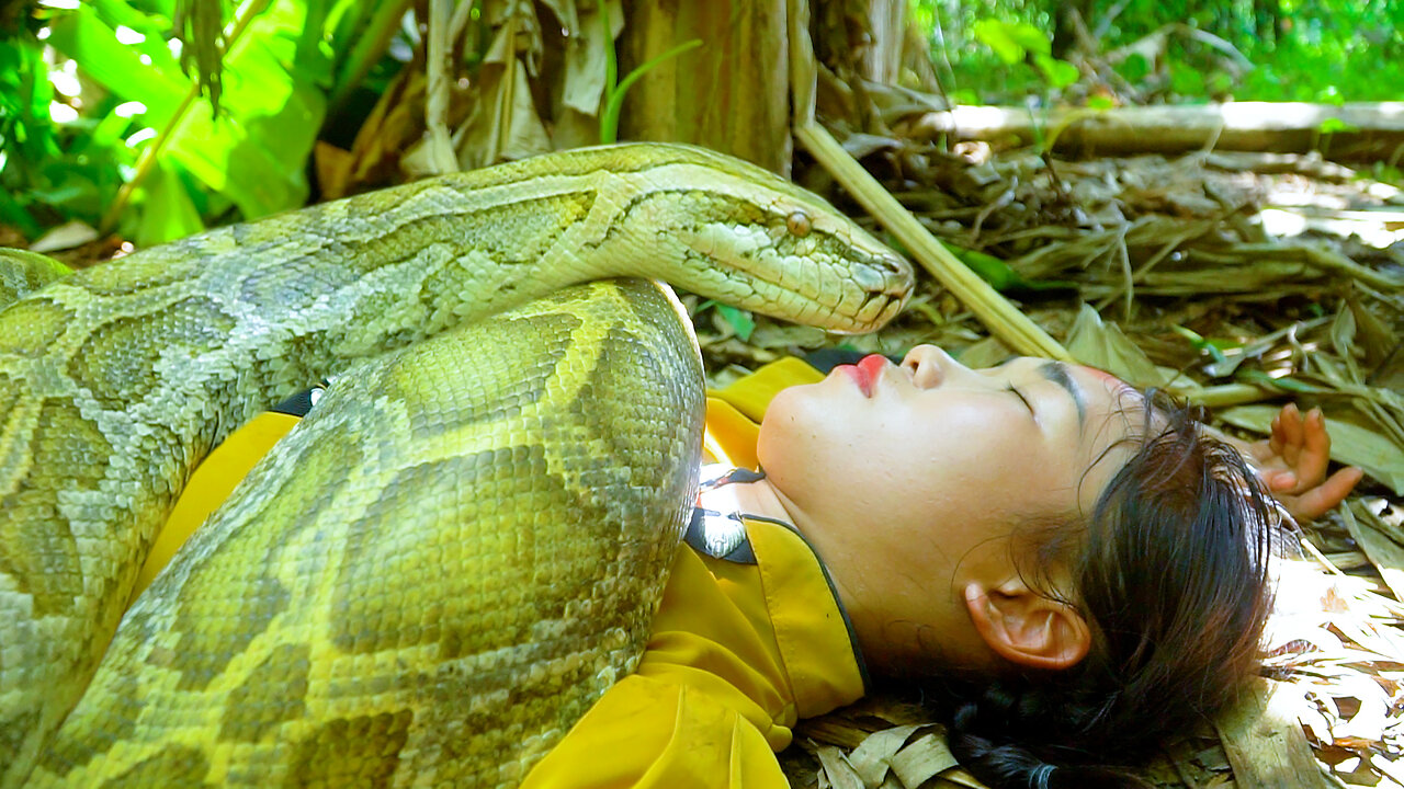 Ethnic girl faced giant python in banana forest | strange underground catfish catching