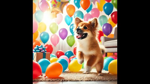 "A dog, balloons, and pure fun! 🎈🐶"