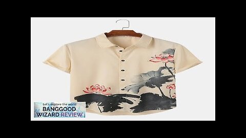 Mens Lotus Ink Painting Print Button Up Short Sleeve Shirts Apricot Review