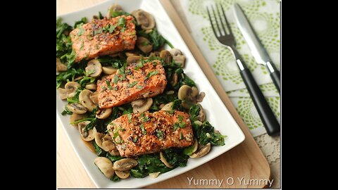 Seared Salmon with Sauteed Spinach and Mushrooms