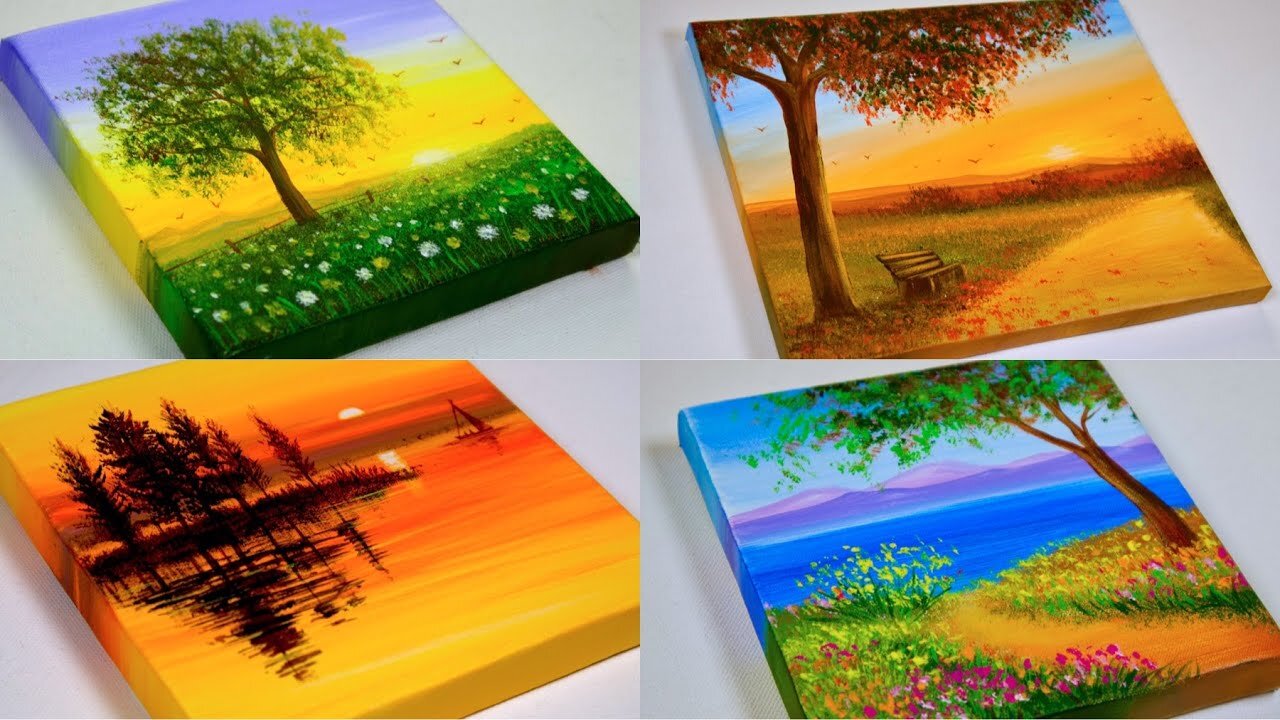 4 Mini Canvas Paintings _ Acrylic Painting For Beginners