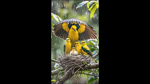 "Protective Parental Love: Birds Shielding Chicks in the Rain"