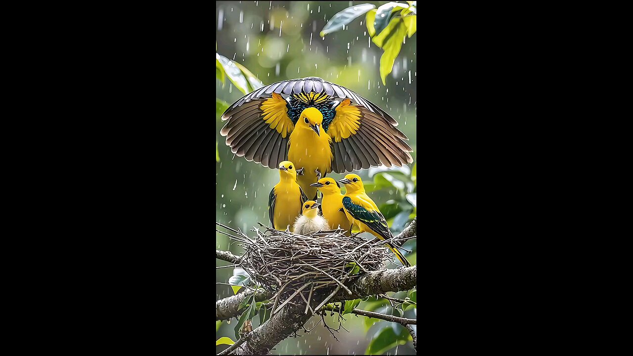 "Protective Parental Love: Birds Shielding Chicks in the Rain"