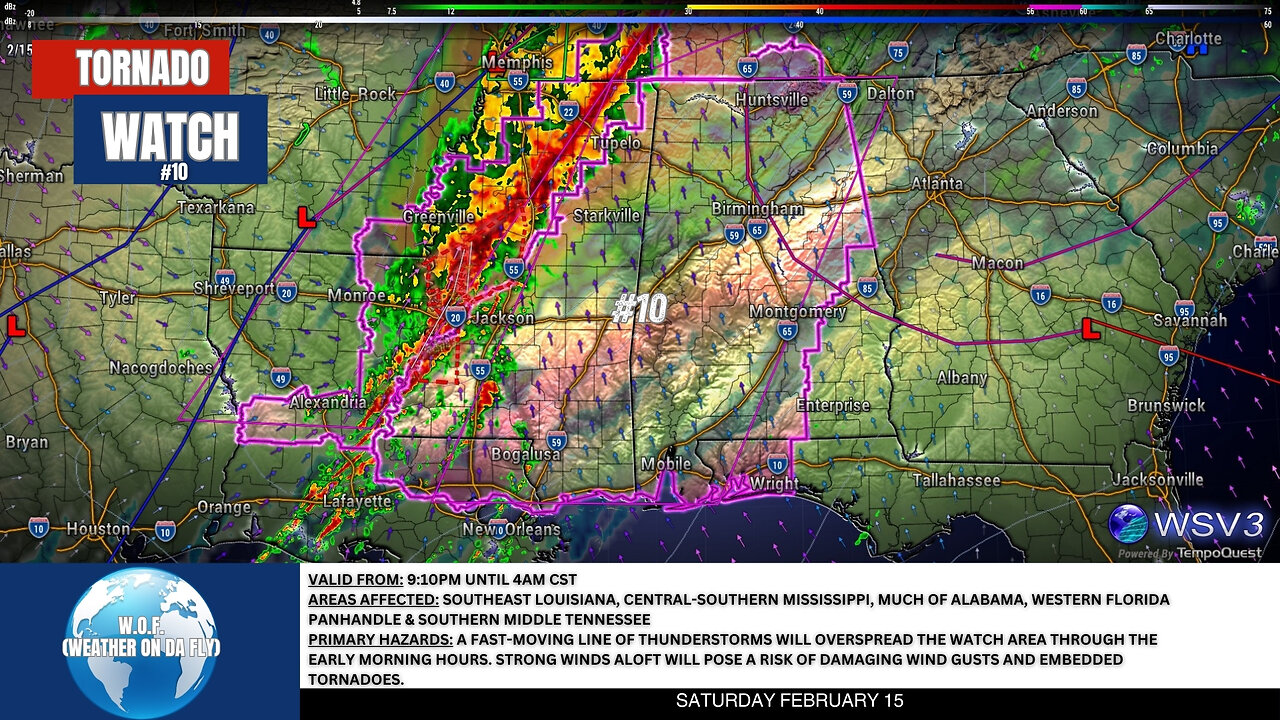 🌪️ Tornado Watch #10: AL, MS, TN, FL, LA Until 4 AM! 2/15/25 #shorts #weather